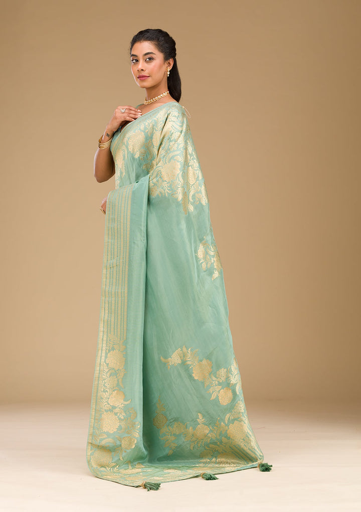 Sea Green Zariwork Raw Silk Saree-Koskii