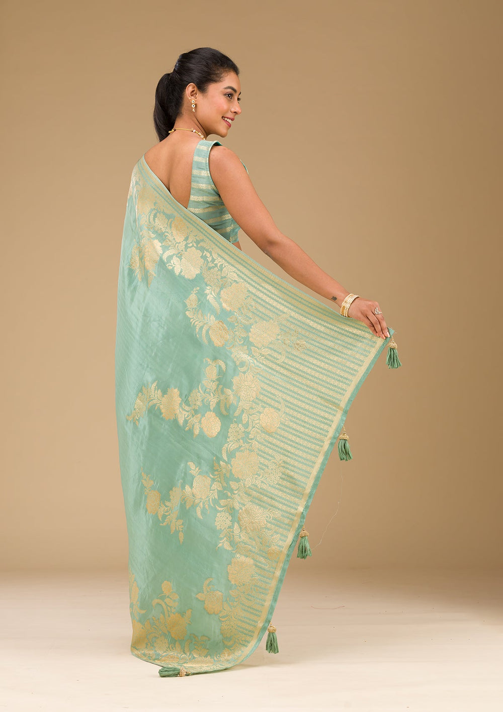 Sea Green Zariwork Raw Silk Saree-Koskii