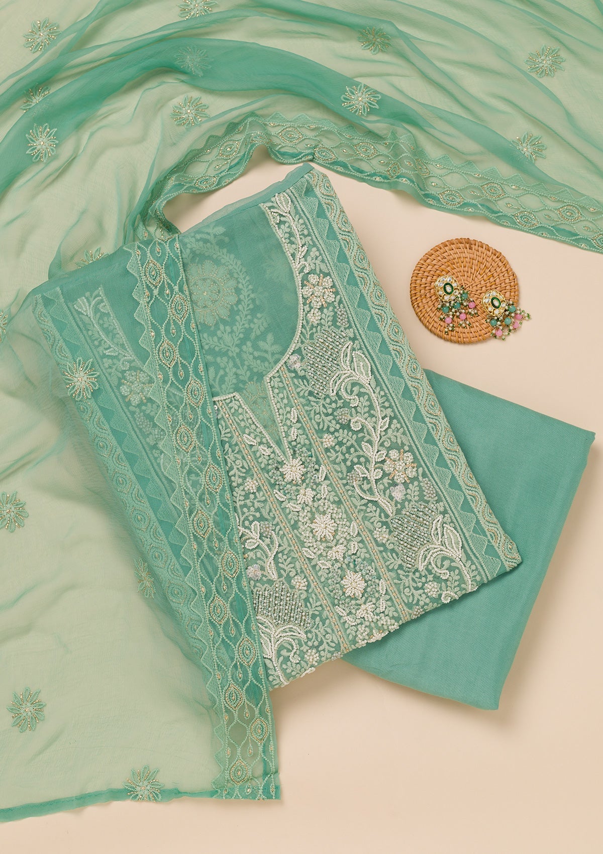 Sea Green Chikankari Georgette Unstitched Salwar Suit-Koskii