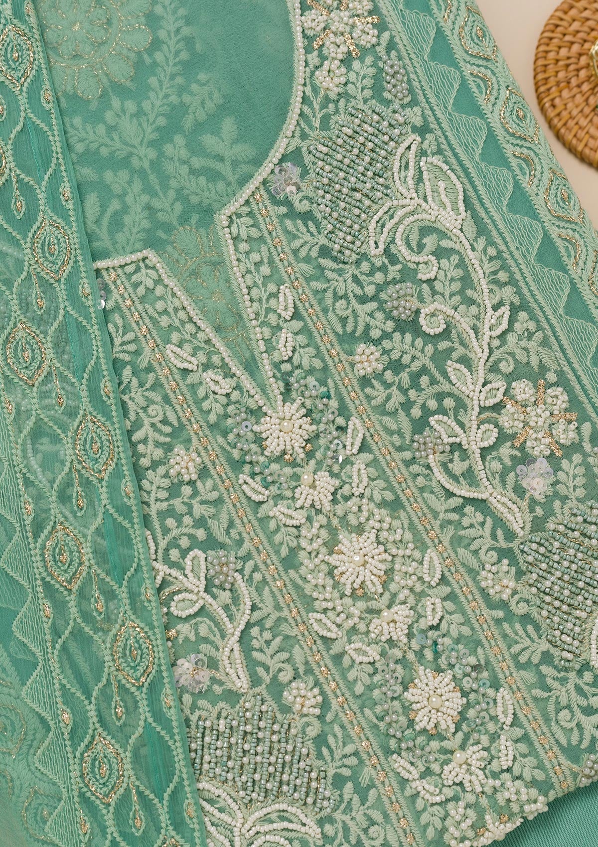 Sea Green Chikankari Georgette Unstitched Salwar Suit-Koskii