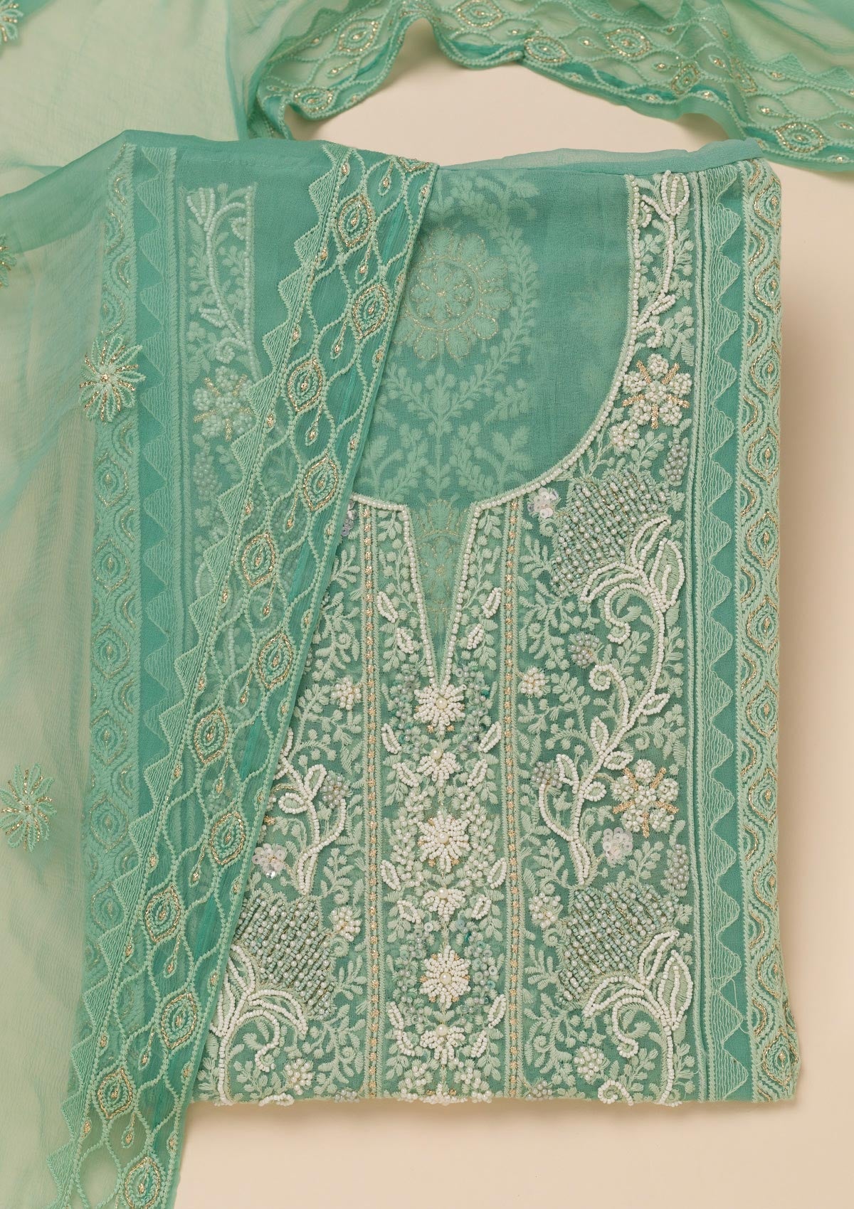 Sea Green Chikankari Georgette Unstitched Salwar Suit-Koskii