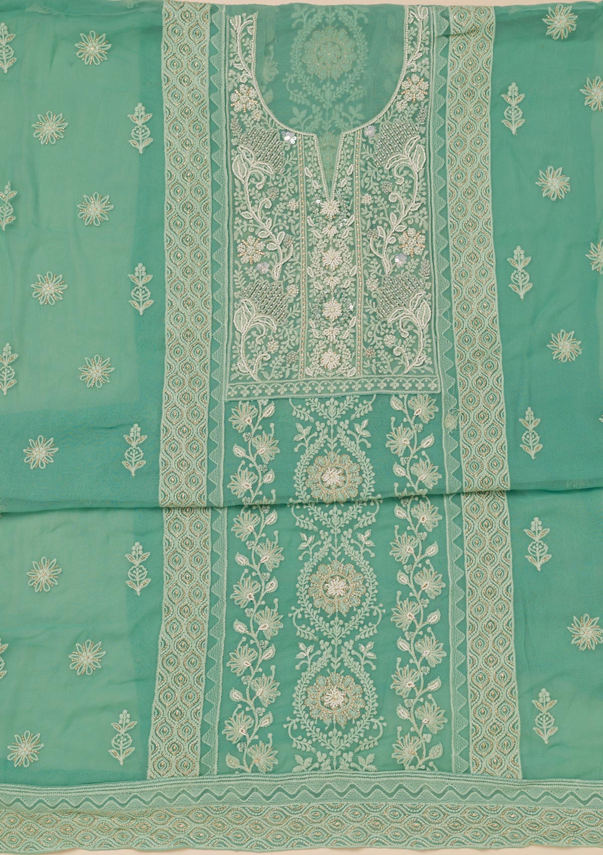 Sea Green Chikankari Georgette Unstitched Salwar Suit-Koskii