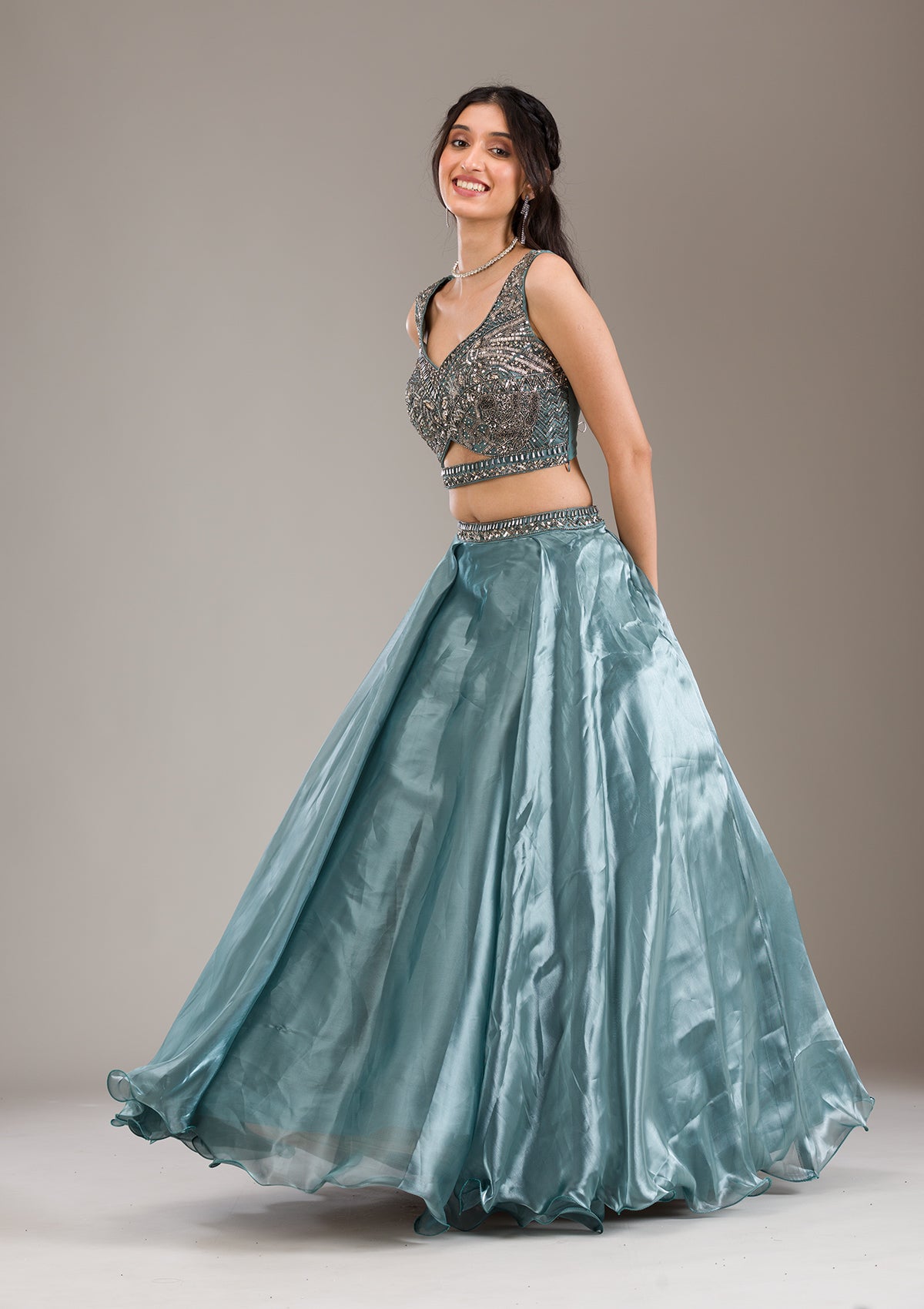 Sea Green Cutdana Organza Readymade Lehenga-Koskii