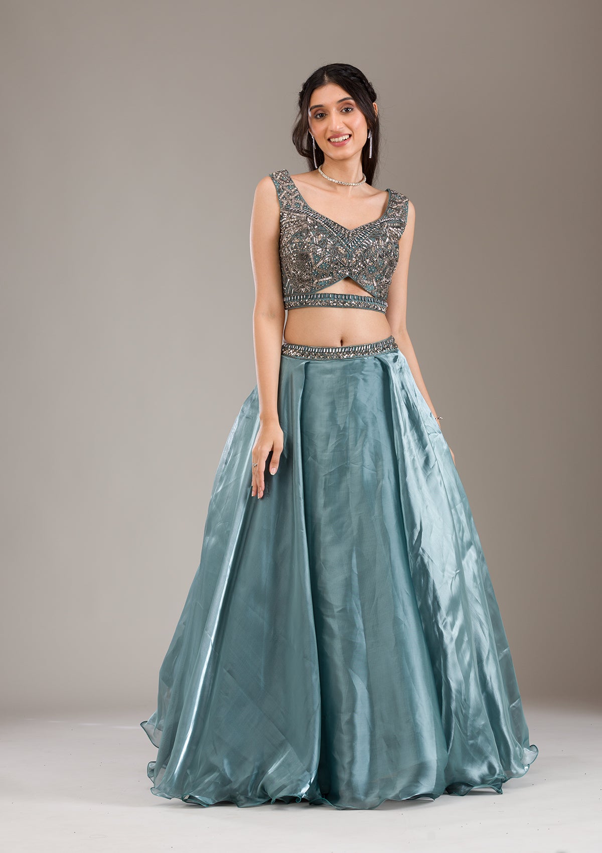 Sea Green Cutdana Organza Readymade Lehenga-Koskii