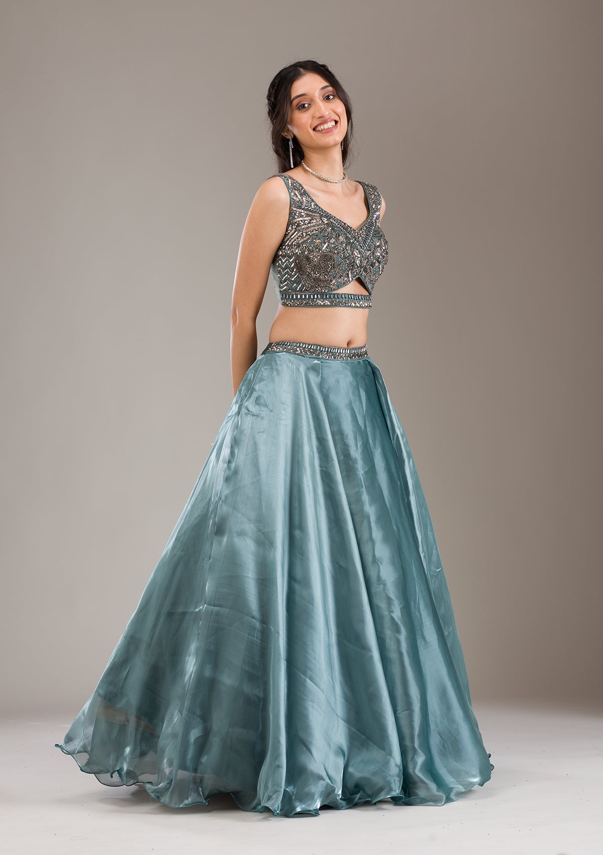 Sea Green Cutdana Organza Readymade Lehenga-Koskii