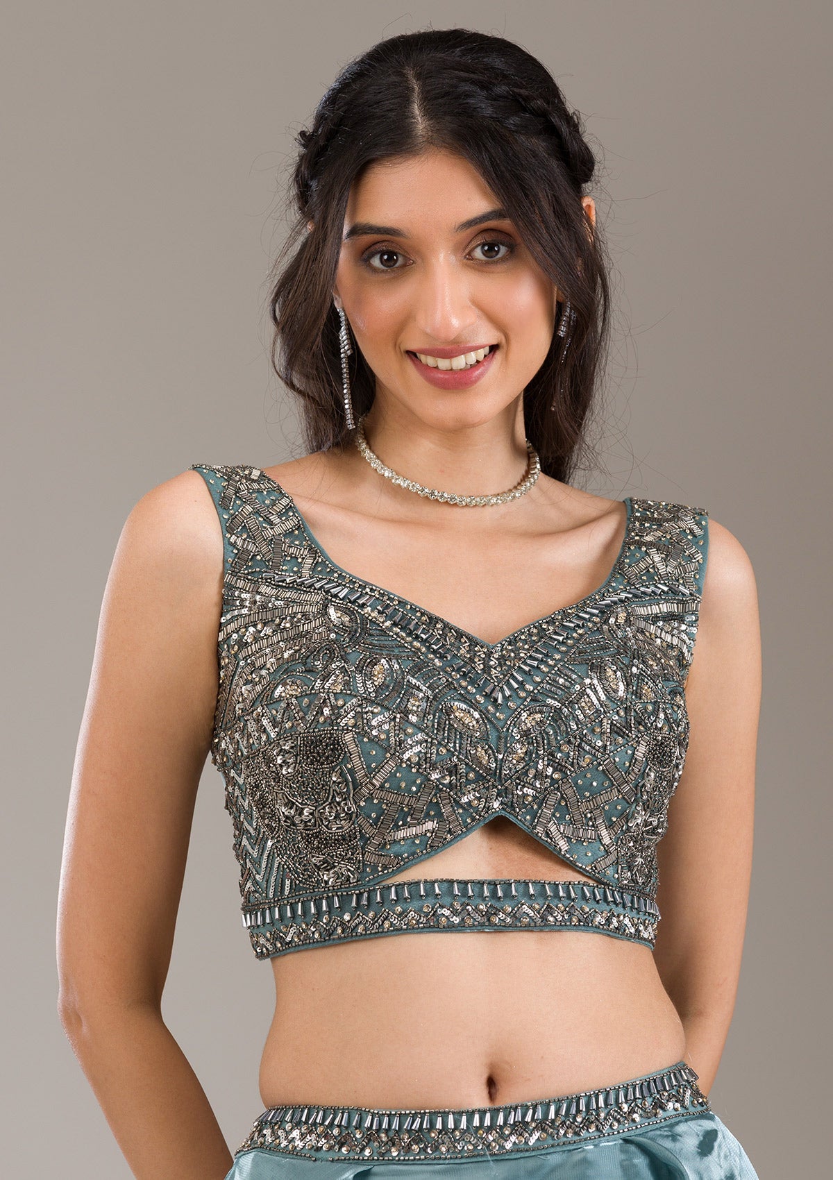 Sea Green Cutdana Organza Readymade Lehenga-Koskii