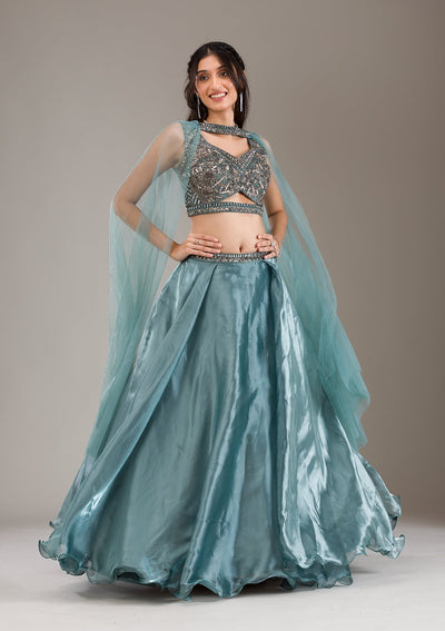 Sea Green Cutdana Organza Readymade Lehenga-Koskii