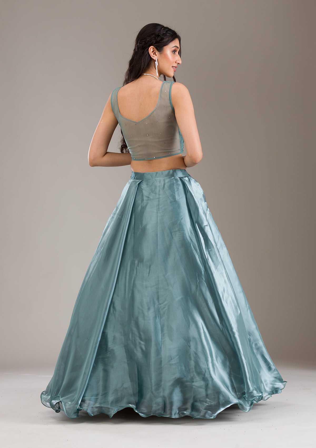 Sea Green Cutdana Organza Readymade Lehenga-Koskii