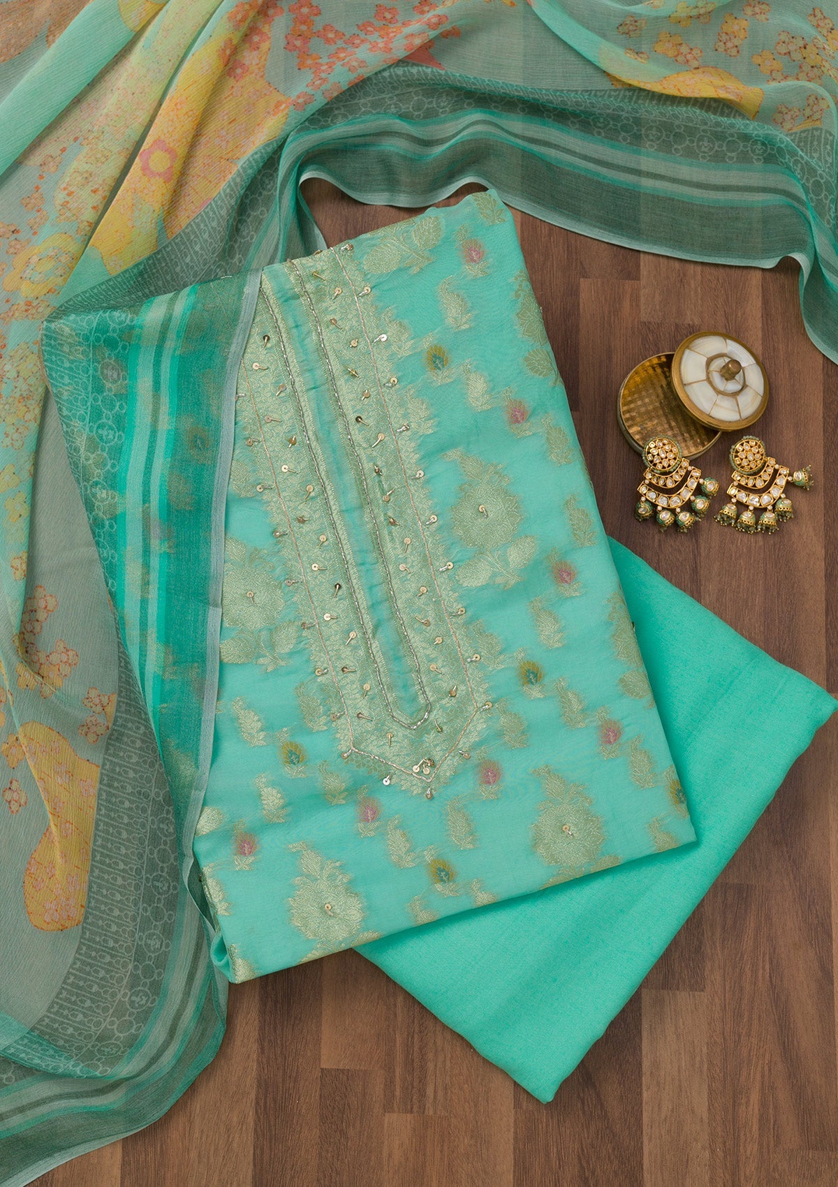 Sea Green Cutdana Semi Crepe Unstitched Salwar Suit-Koskii