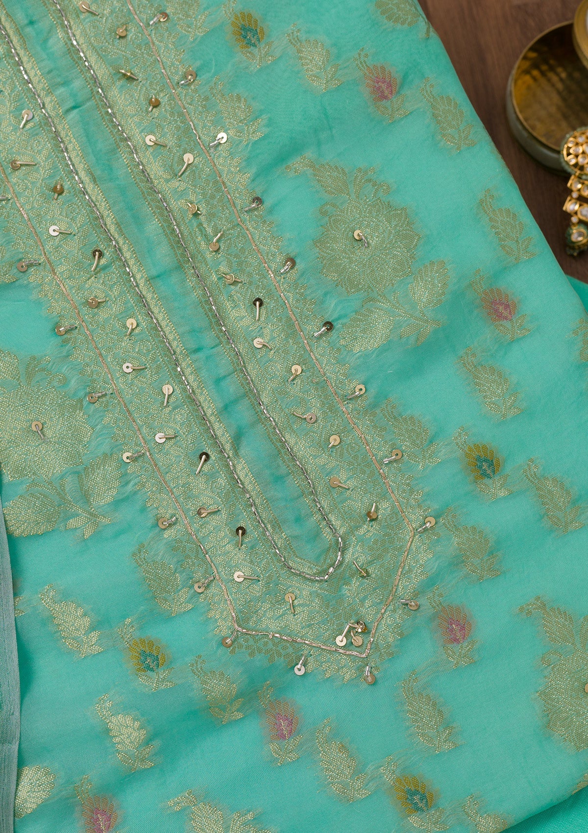 Sea Green Cutdana Semi Crepe Unstitched Salwar Suit-Koskii