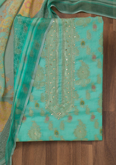 Sea Green Cutdana Semi Crepe Unstitched Salwar Suit-Koskii