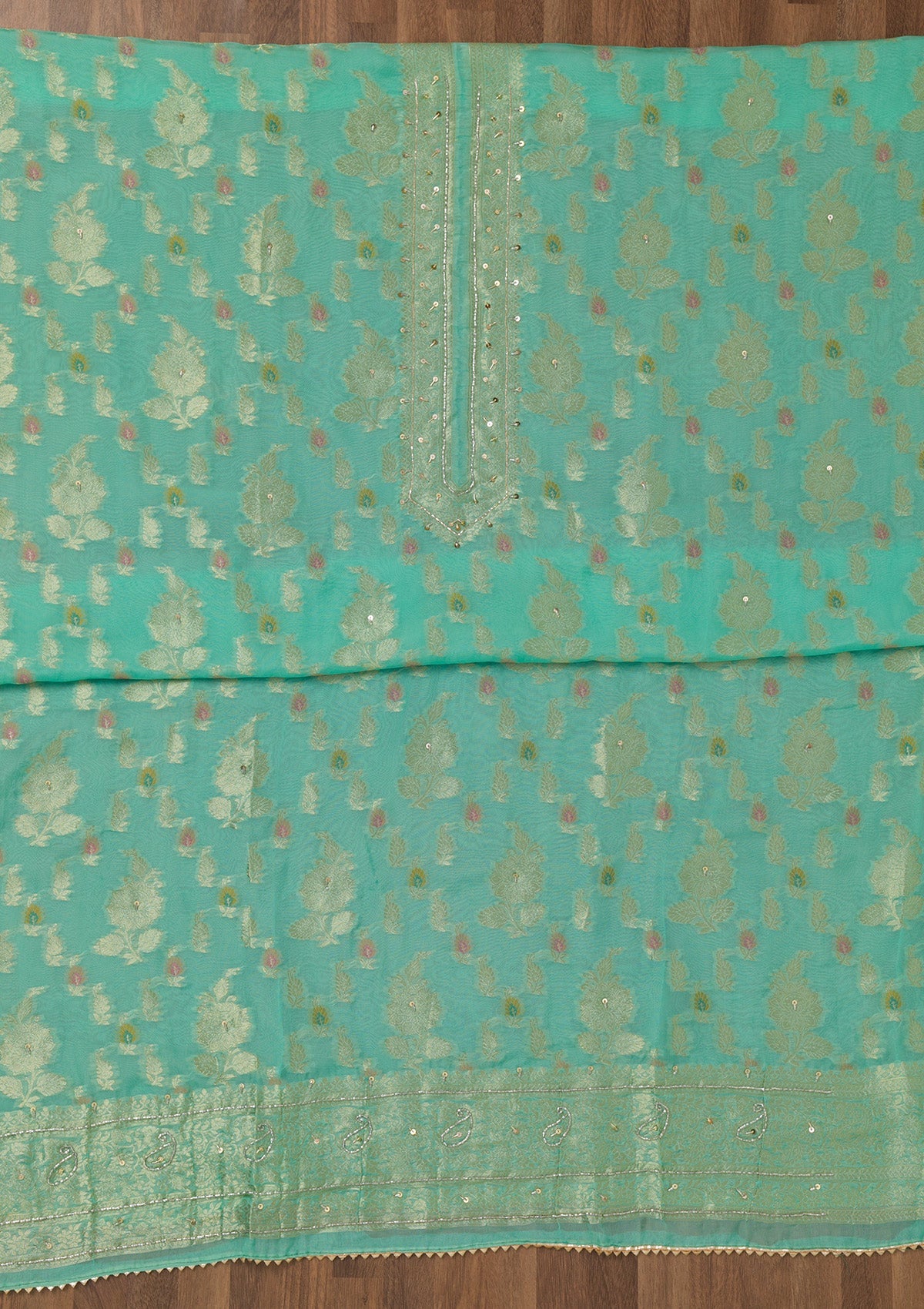 Sea Green Cutdana Semi Crepe Unstitched Salwar Suit-Koskii