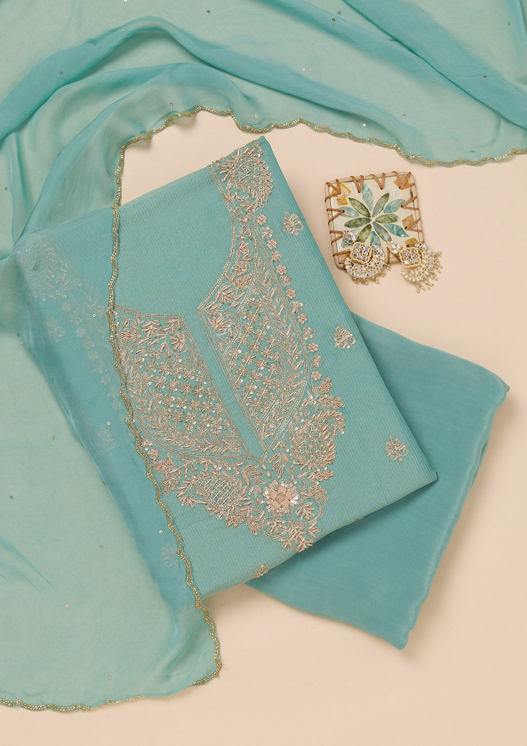 Sea Green Cutdana Tissue Unstitched Salwar Suit-Koskii