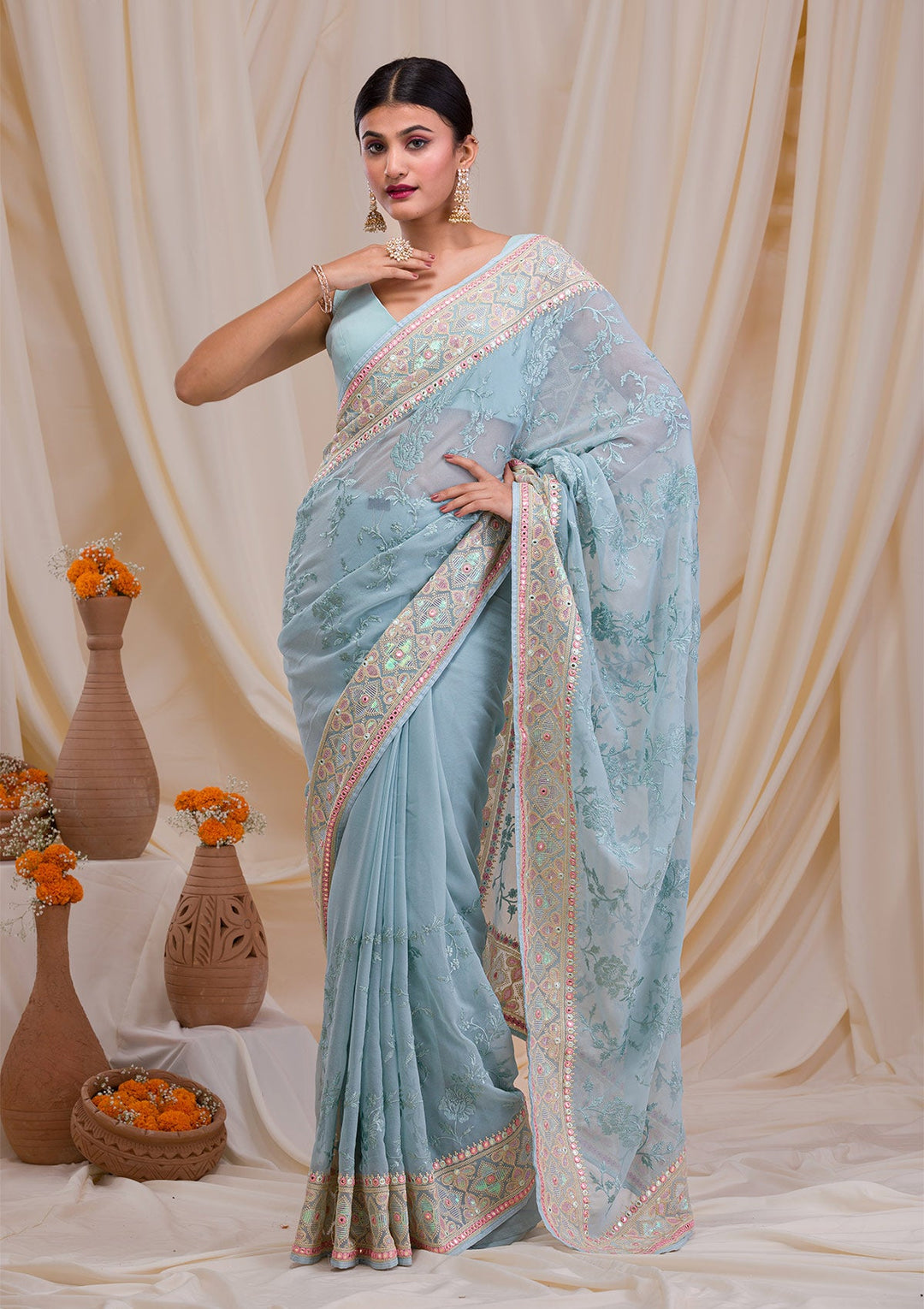 Sea Green Gotapatti Chiffon Saree-Koskii