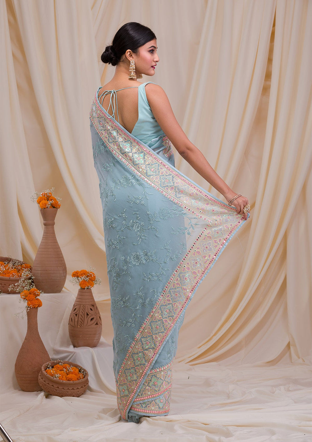 Sea Green Gotapatti Chiffon Saree-Koskii