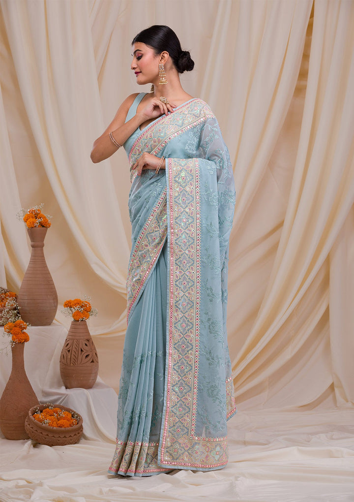Sea Green Gotapatti Chiffon Saree-Koskii