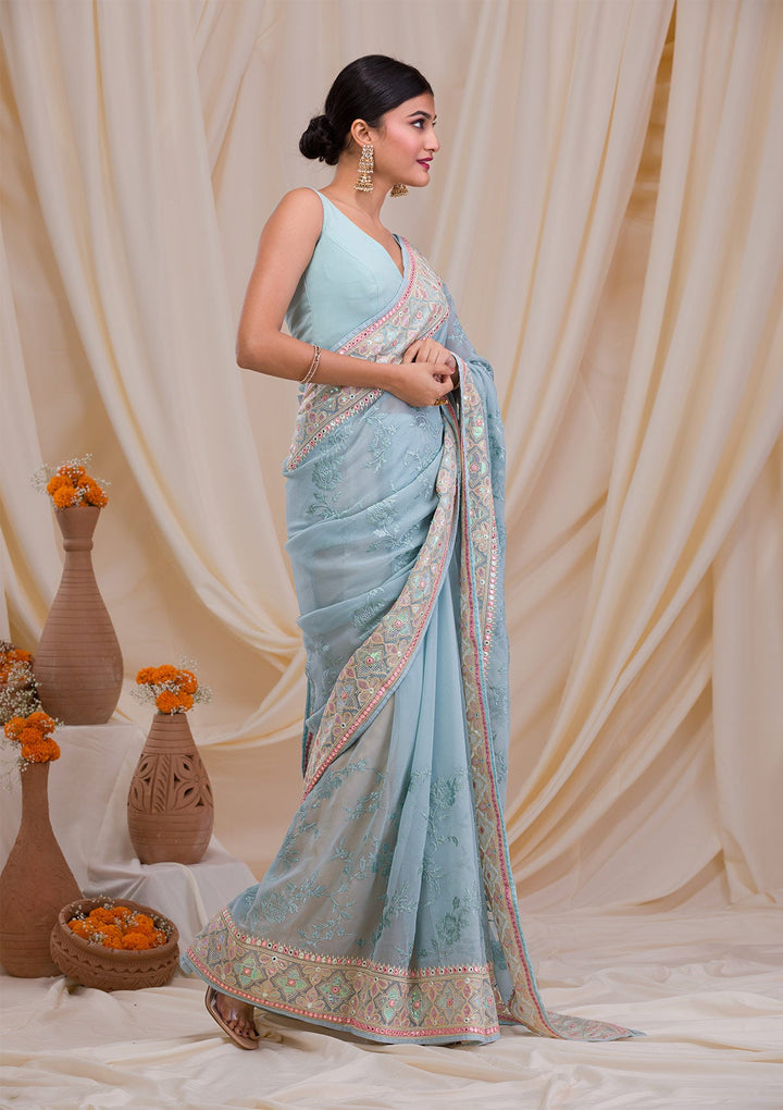 Sea Green Gotapatti Chiffon Saree-Koskii