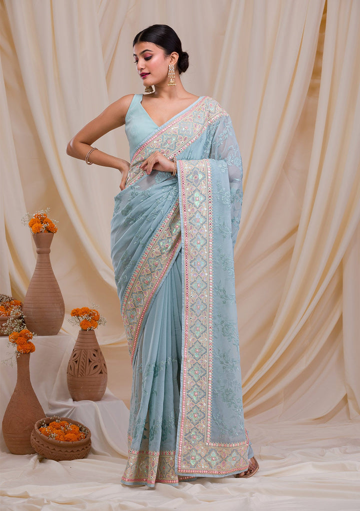 Sea Green Gotapatti Chiffon Saree-Koskii