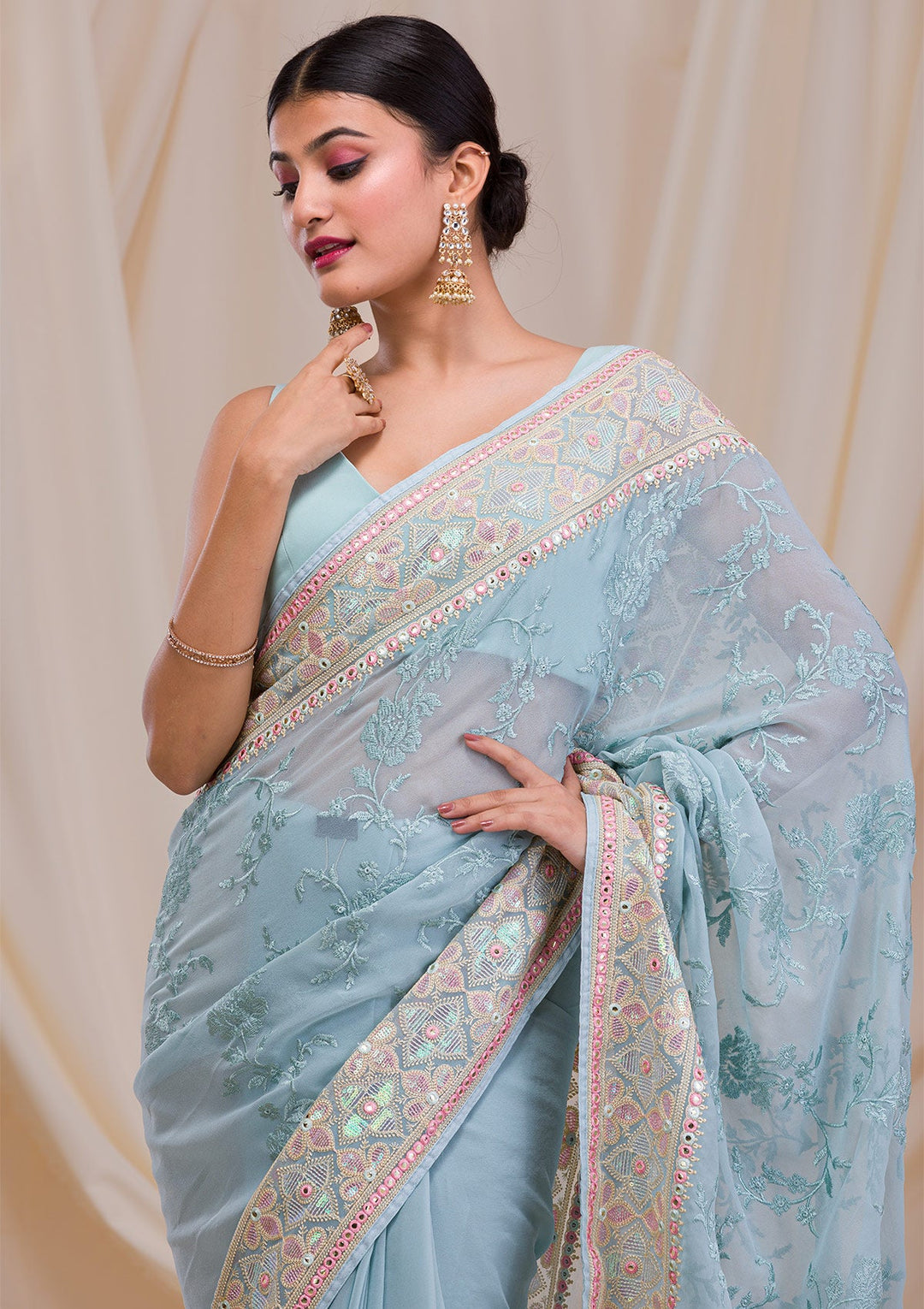 Sea Green Gotapatti Chiffon Saree-Koskii