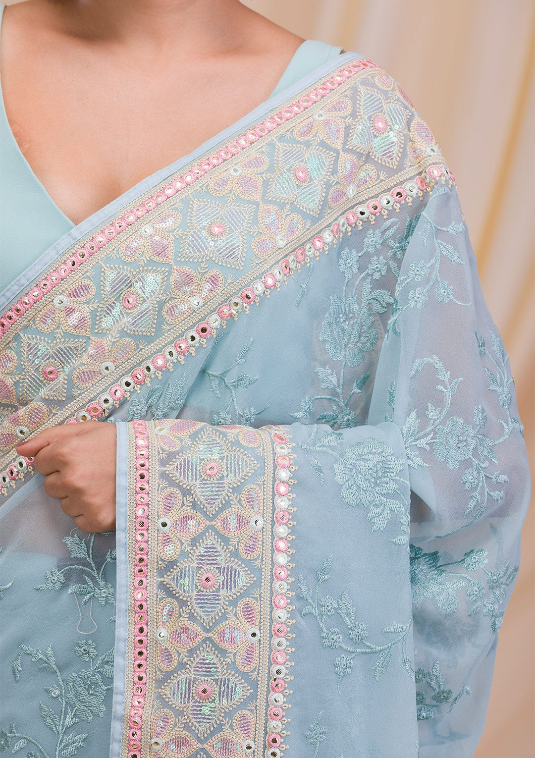Sea Green Gotapatti Chiffon Saree-Koskii