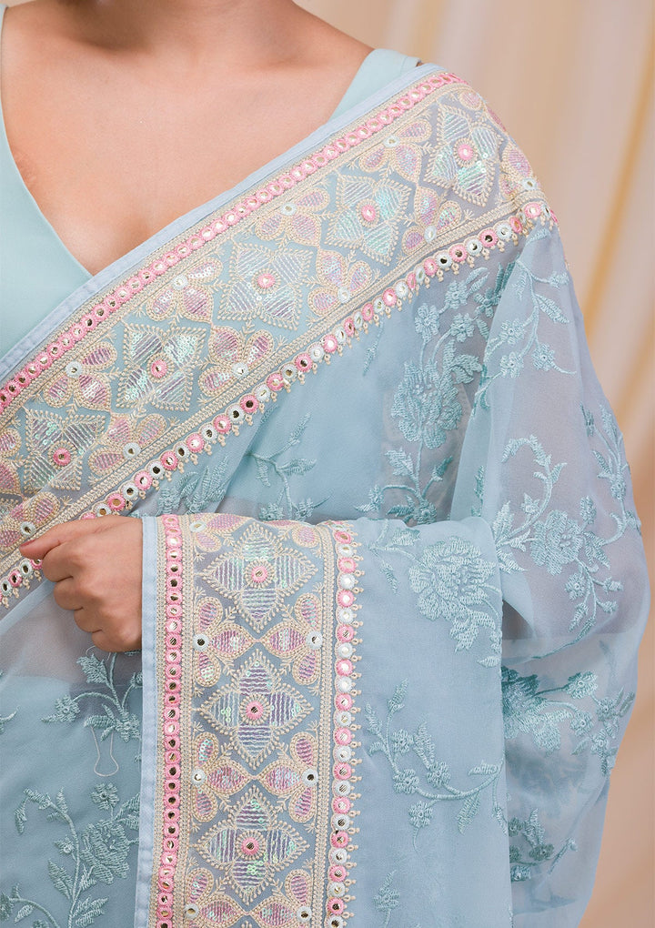 Sea Green Gotapatti Chiffon Saree-Koskii