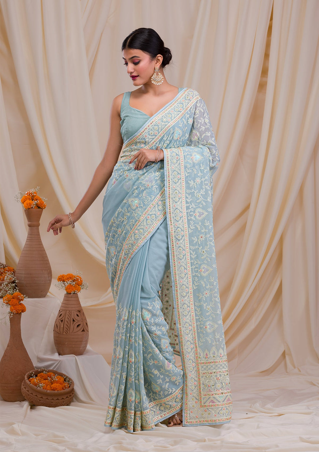 Sea Green Gotapatti Chiffon Saree-Koskii