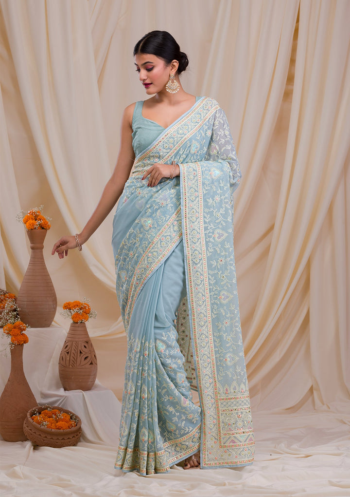 Sea Green Gotapatti Chiffon Saree-Koskii