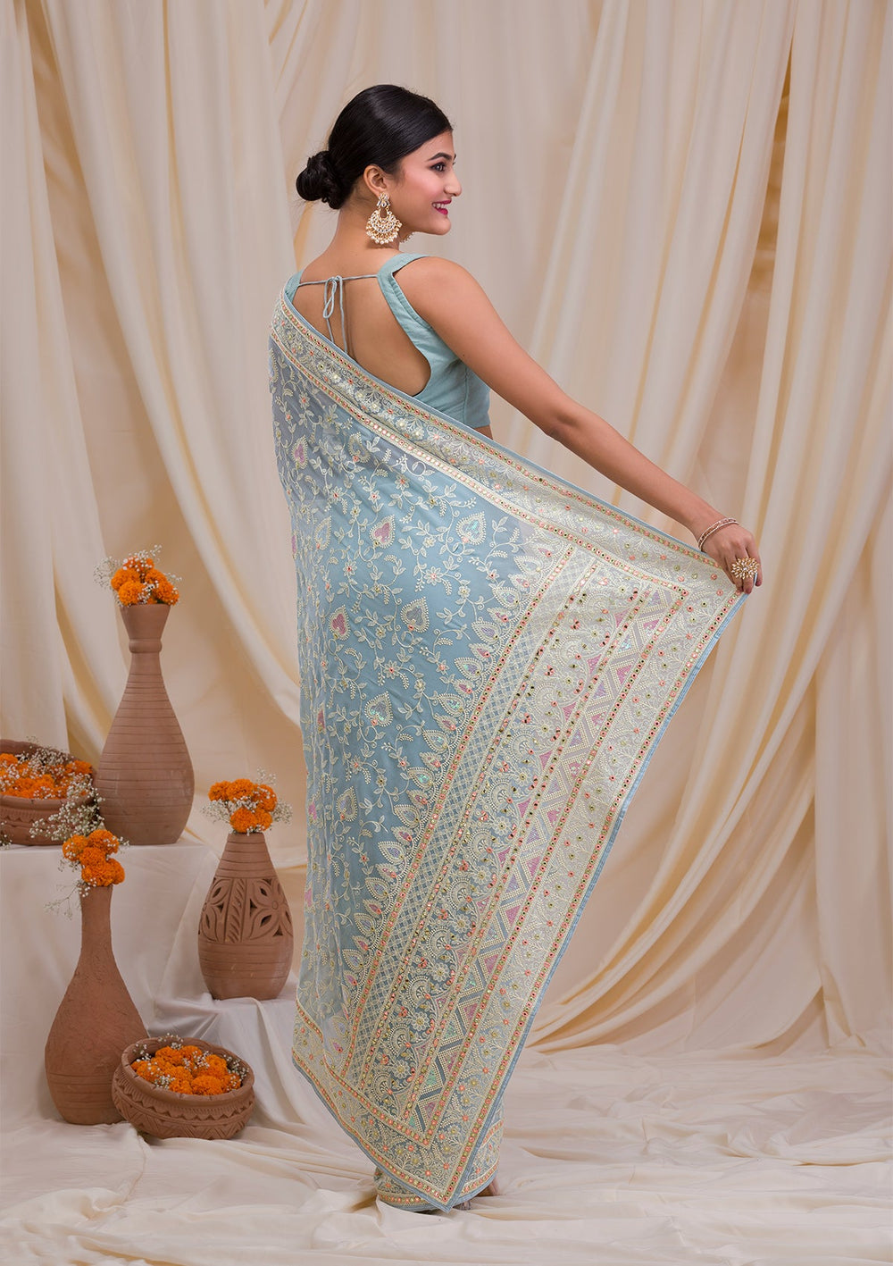 Sea Green Gotapatti Chiffon Saree-Koskii