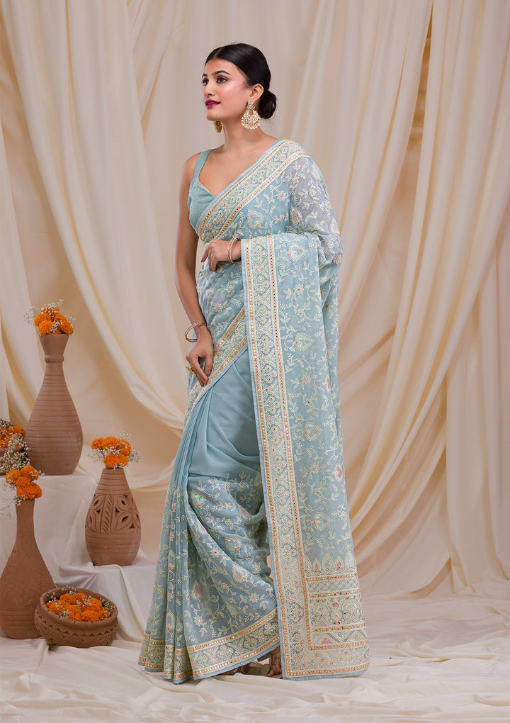 Sea Green Gotapatti Chiffon Saree-Koskii