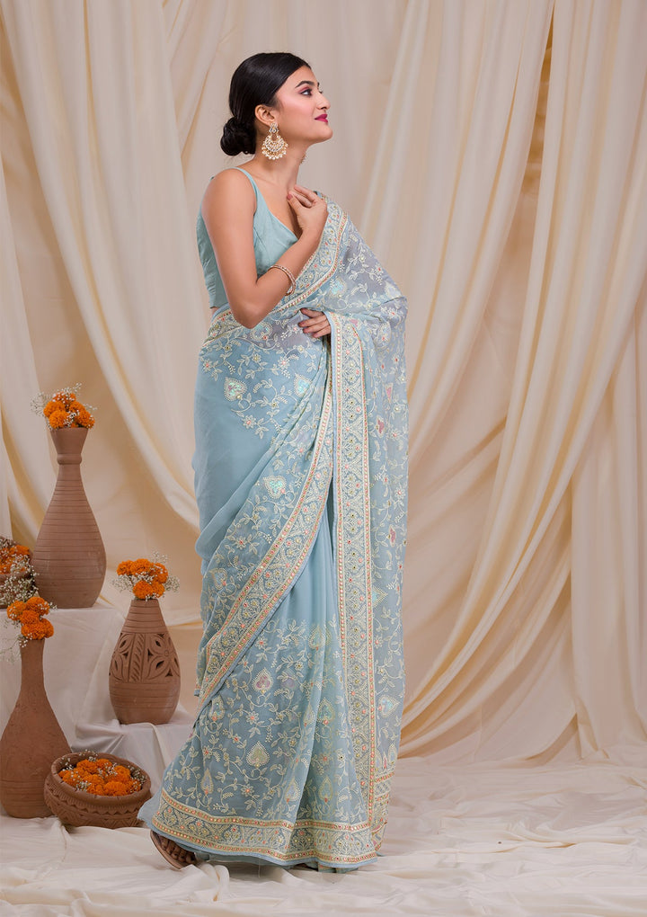 Sea Green Gotapatti Chiffon Saree-Koskii