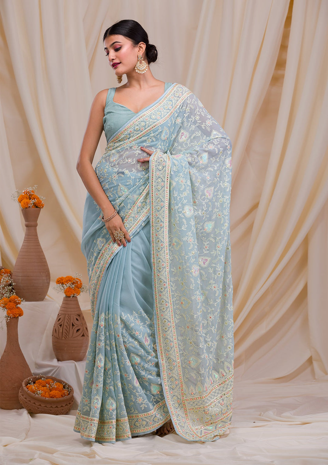Sea Green Gotapatti Chiffon Saree-Koskii