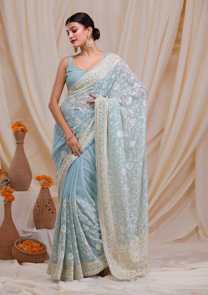 Sea Green Gotapatti Chiffon Saree-Koskii