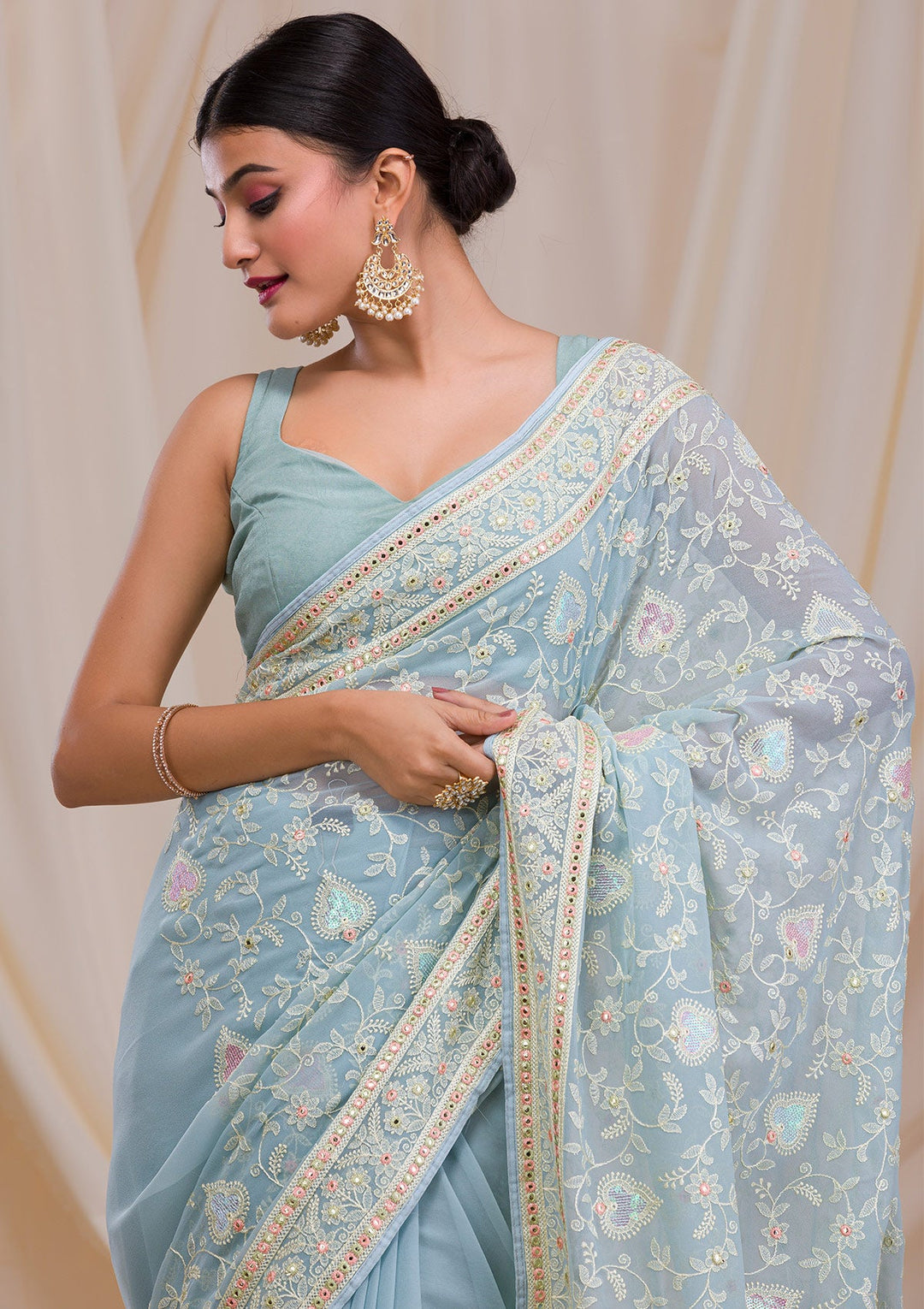 Sea Green Gotapatti Chiffon Saree-Koskii