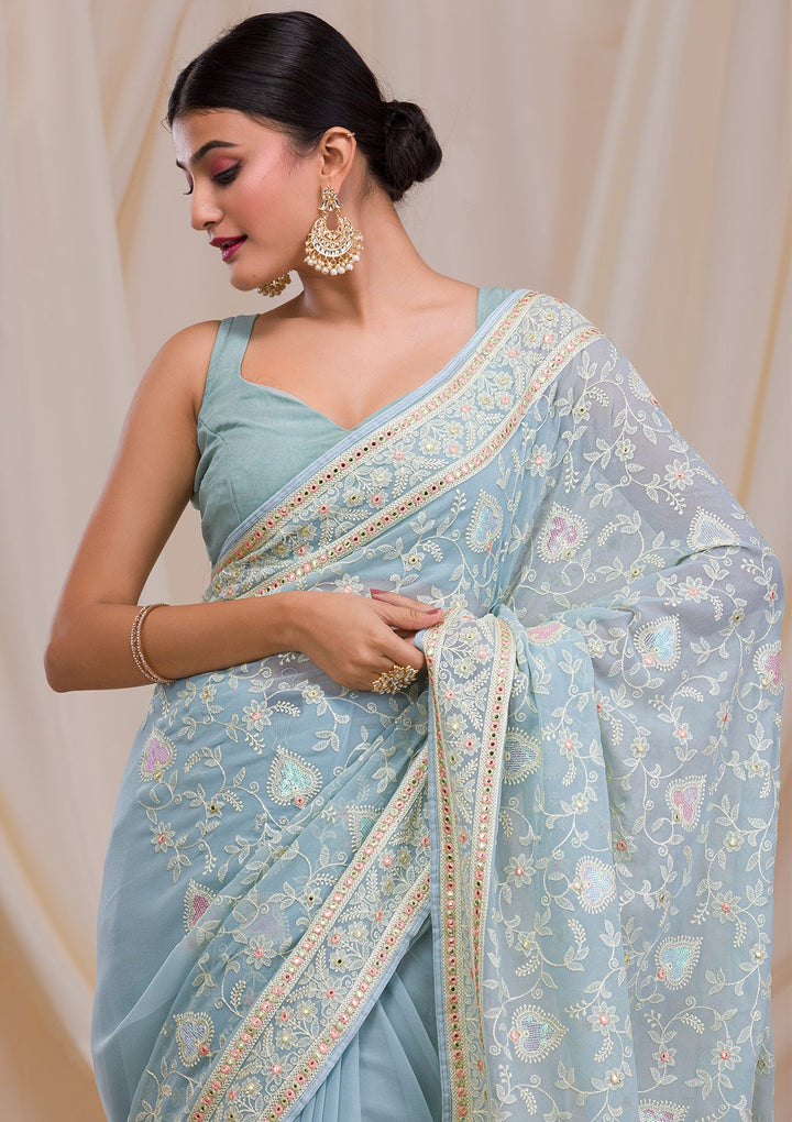 Sea Green Gotapatti Chiffon Saree-Koskii