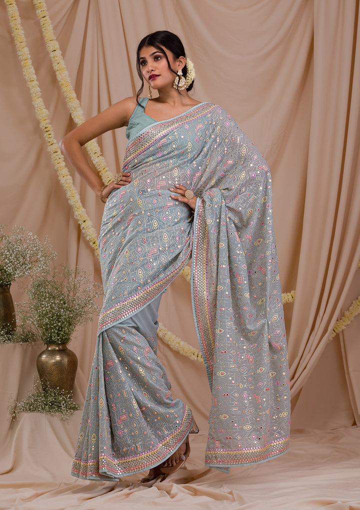 Sea Green Gotapatti Geogette Saree-Koskii