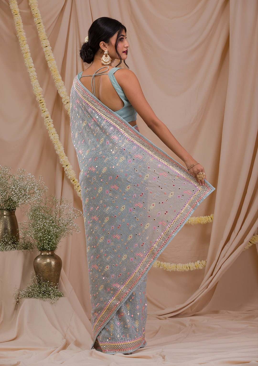 Sea Green Gotapatti Geogette Saree-Koskii