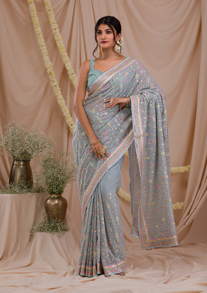 Sea Green Gotapatti Geogette Saree-Koskii