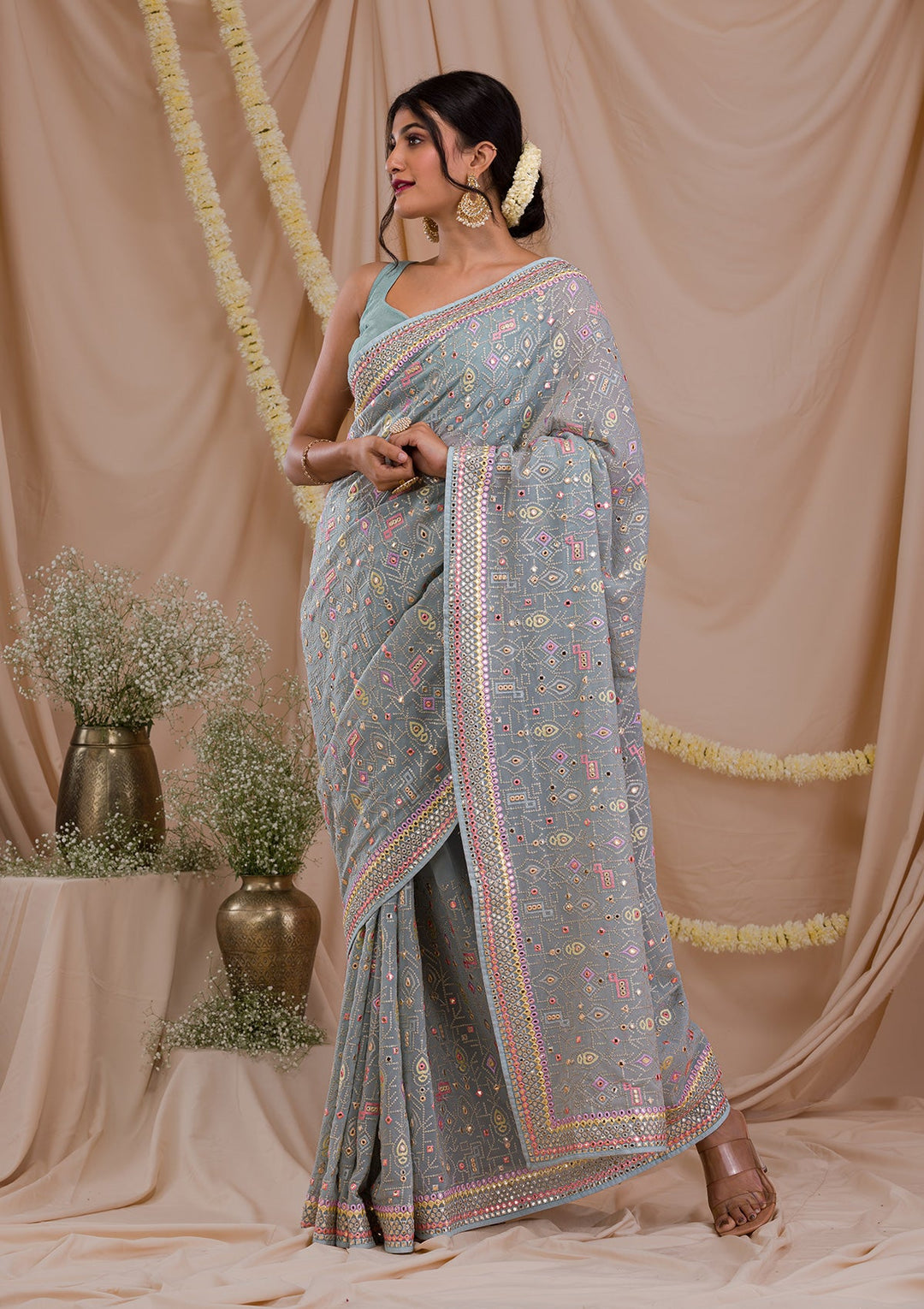 Sea Green Gotapatti Geogette Saree-Koskii