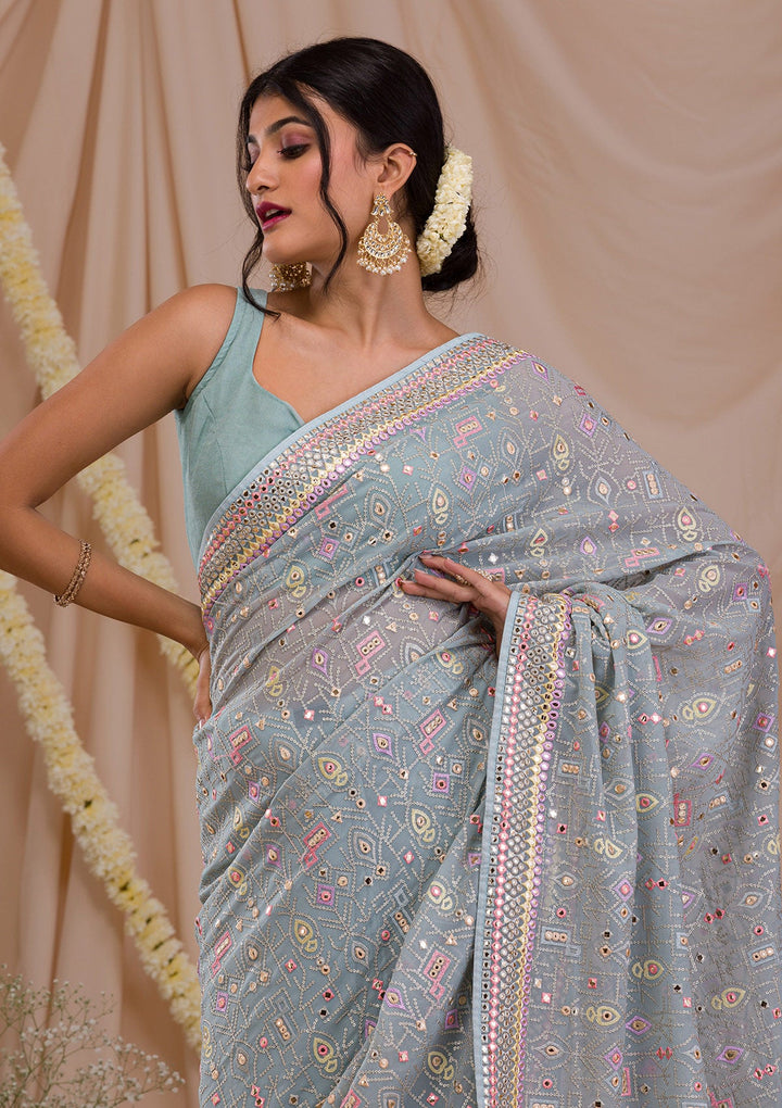 Sea Green Gotapatti Geogette Saree-Koskii