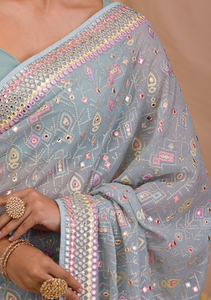Sea Green Gotapatti Geogette Saree-Koskii