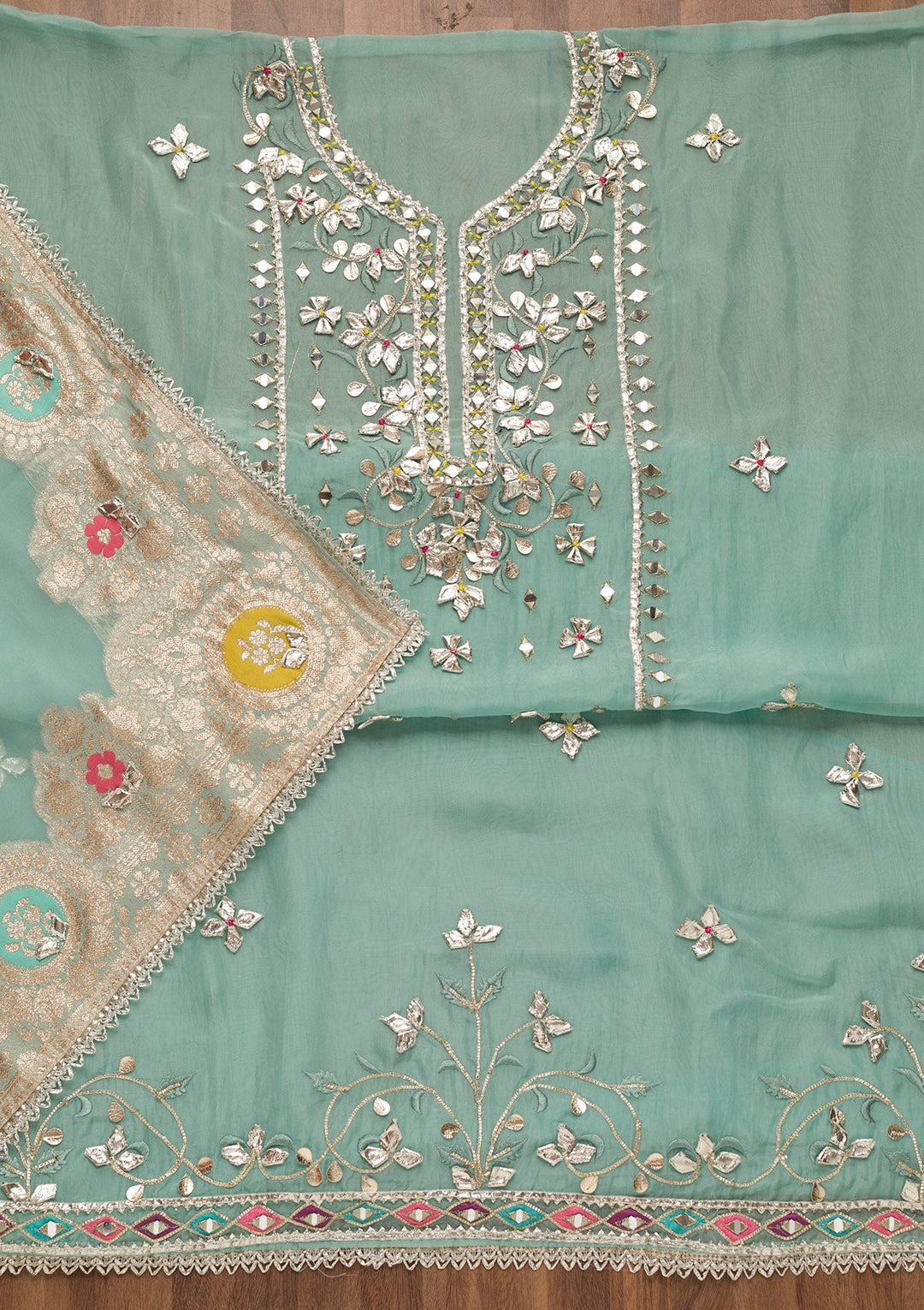 Sea Green Gotapatti Georgette Unstitched Salwar Suit-Koskii