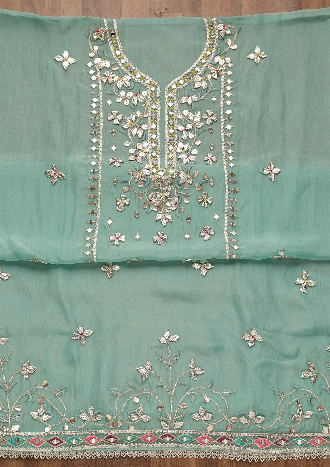 Sea Green Gotapatti Georgette Unstitched Salwar Suit-Koskii