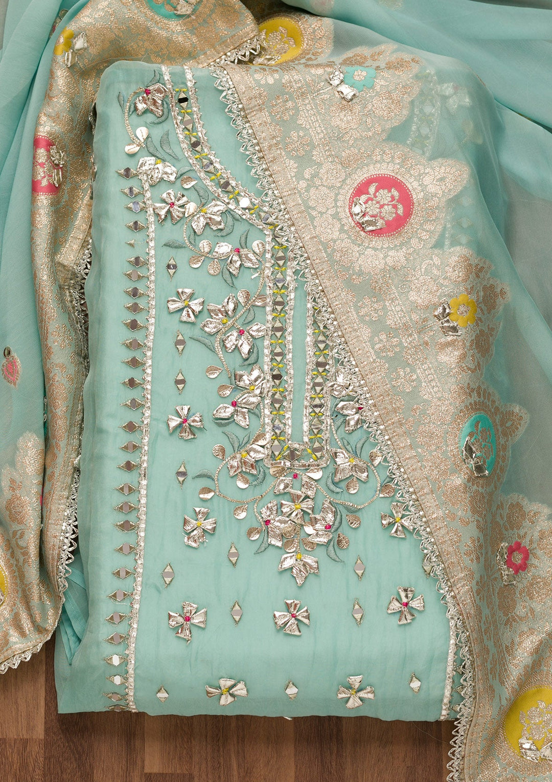 Sea Green Gotapatti Georgette Unstitched Salwar Suit-Koskii
