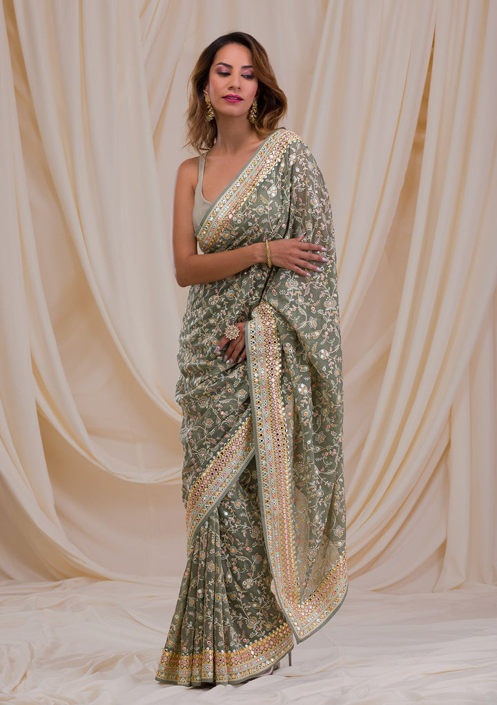Sea Green Gotapatti Georgette Saree-Koskii