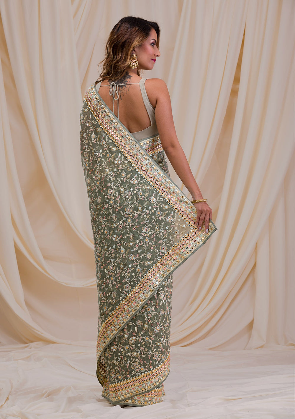 Sea Green Gotapatti Georgette Saree-Koskii