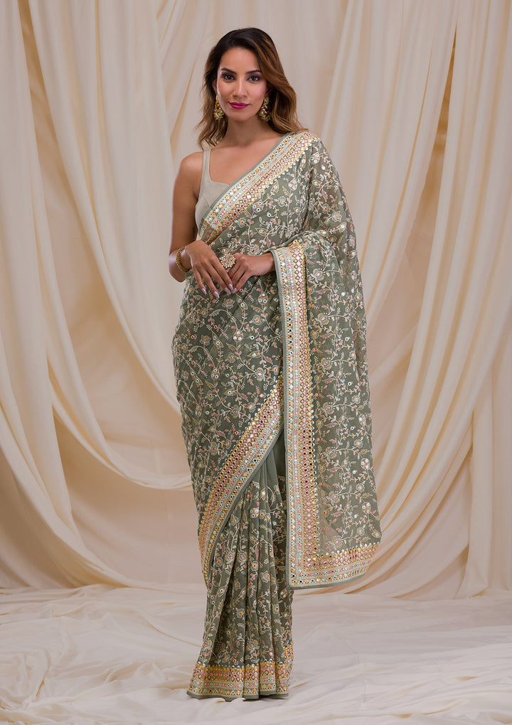 Sea Green Gotapatti Georgette Saree-Koskii