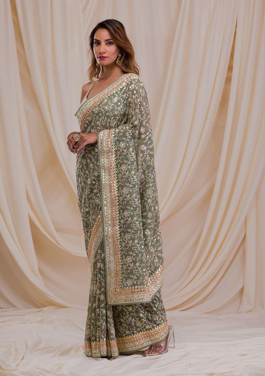 Sea Green Gotapatti Georgette Saree-Koskii