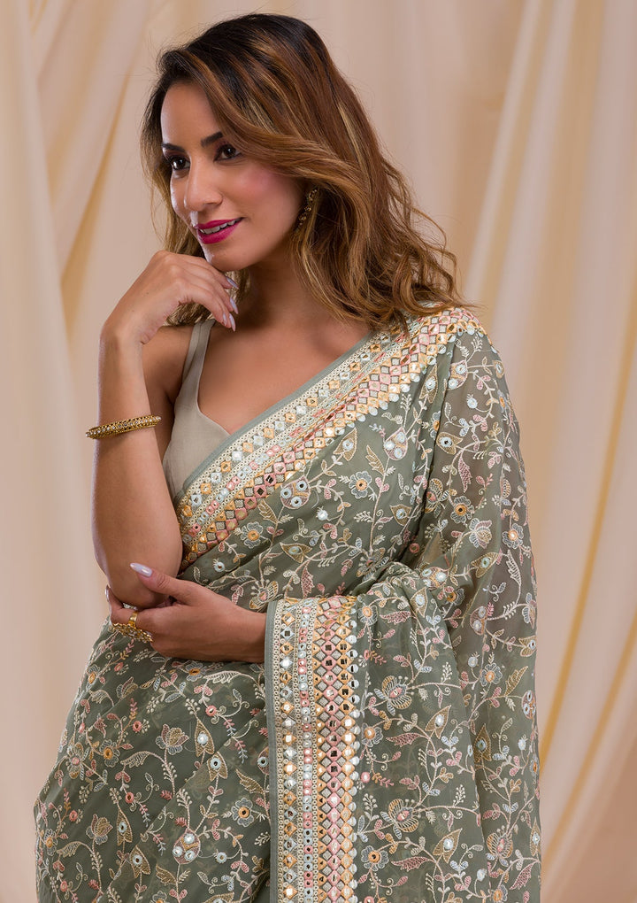 Sea Green Gotapatti Georgette Saree-Koskii