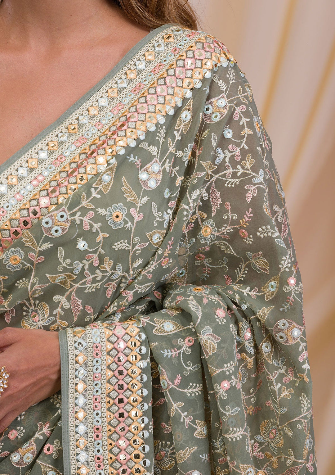 Sea Green Gotapatti Georgette Saree-Koskii