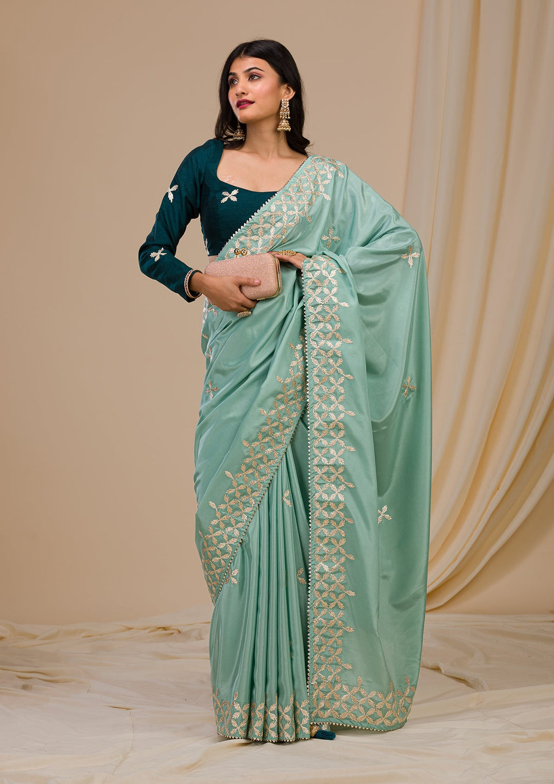 Sea Green Gotapatti Semi Crepe Saree-Koskii